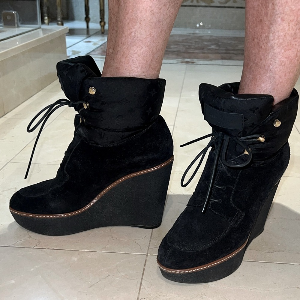 Louis Vuitton black suede wedge bootie with logo